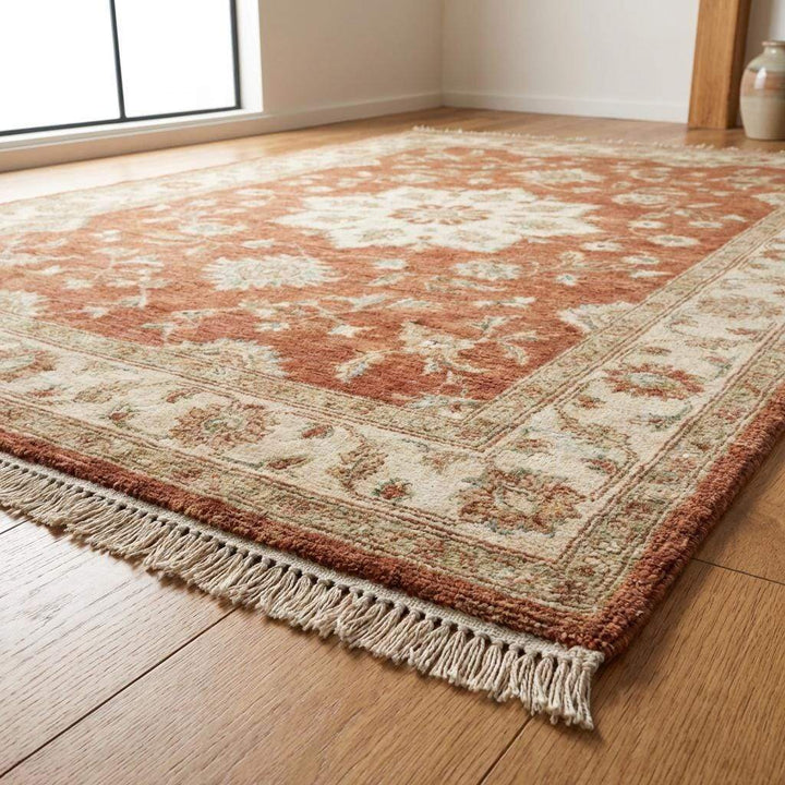 Translation missing: en.Hand Knotted Oushak Wool Rug with Floral Medallion for Living Room