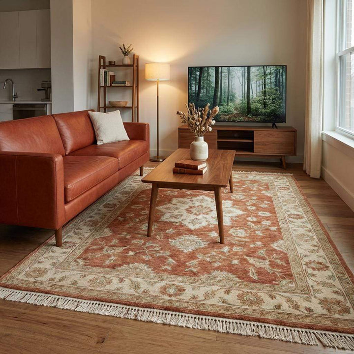 Translation missing: en.Artisan made wool rug featuring Persian-inspired medallion and vine motifs