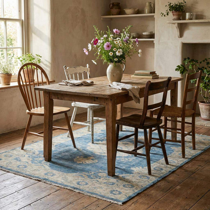 Translation missing: en.Hand Knotted Oushak Wool Rug 6x9 8x10 9x12, Vintage Blue Medallion Area Rug, Soft Turkish Style Living Room Carpet, Handmade Floral Rug