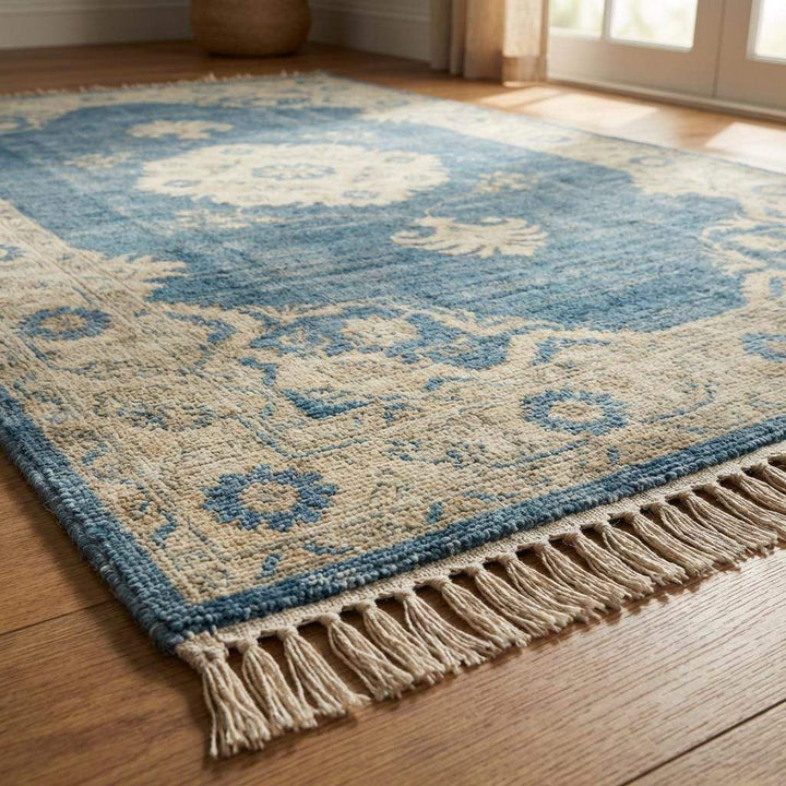 Translation missing: en.Hand Knotted Oushak Wool Rug 6x9 8x10 9x12, Vintage Blue Medallion Area Rug, Soft Turkish Style Living Room Carpet, Handmade Floral Rug