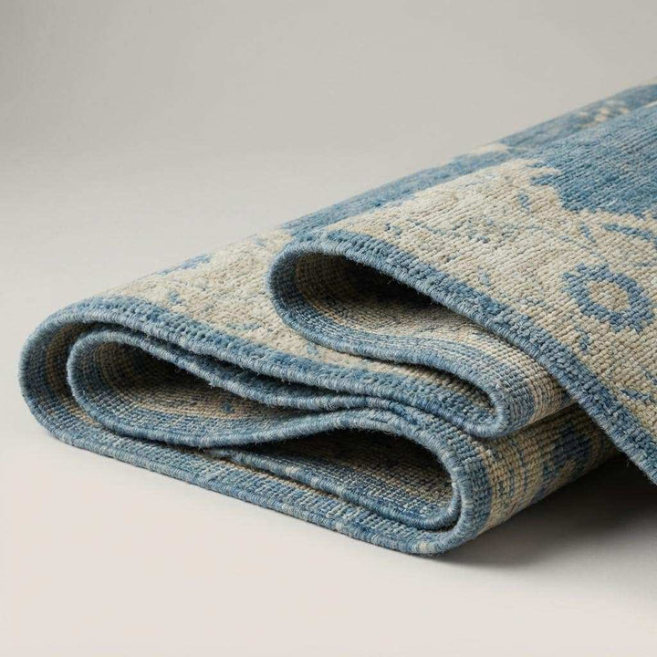 Translation missing: en.Hand Knotted Oushak Wool Rug 6x9 8x10 9x12, Vintage Blue Medallion Area Rug, Soft Turkish Style Living Room Carpet, Handmade Floral Rug