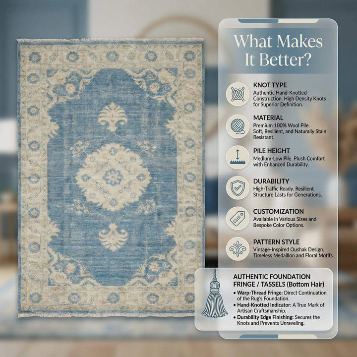 Translation missing: en.Hand Knotted Oushak Wool Rug 6x9 8x10 9x12, Vintage Blue Medallion Area Rug, Soft Turkish Style Living Room Carpet, Handmade Floral Rug