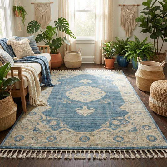 Translation missing: fr.Neutral vintage blue wool rug styled in airy sunlit interior with minimalist furniture