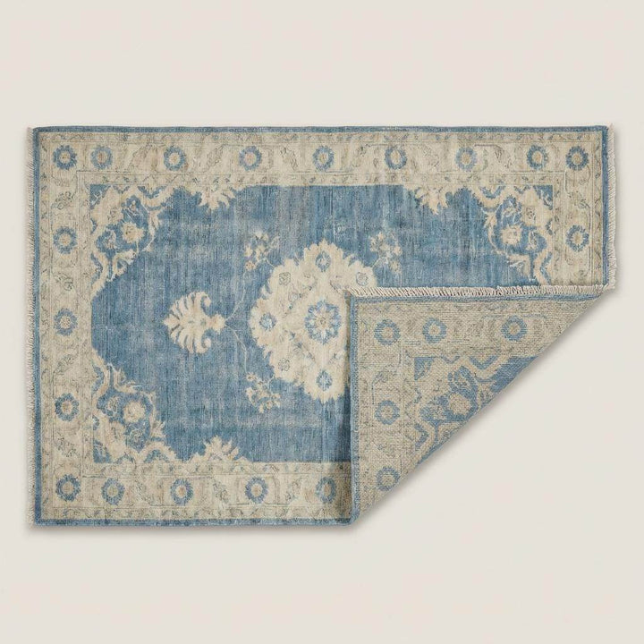 Translation missing: en.Hand Knotted Oushak Wool Rug 6x9 8x10 9x12, Vintage Blue Medallion Area Rug, Soft Turkish Style Living Room Carpet, Handmade Floral Rug