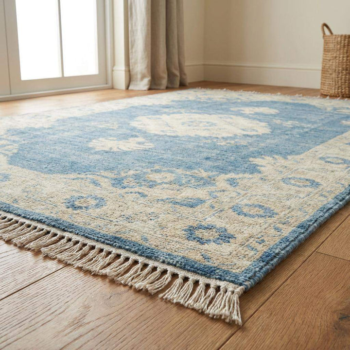 Translation missing: en.Hand Knotted Oushak Wool Rug 6x9 8x10 9x12, Vintage Blue Medallion Area Rug, Soft Turkish Style Living Room Carpet, Handmade Floral Rug