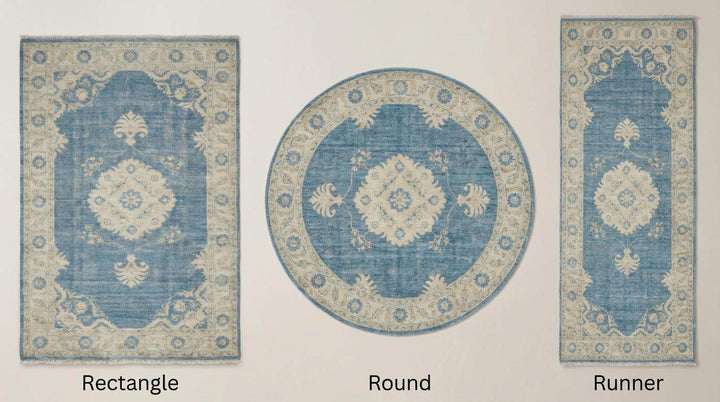 Translation missing: en.Hand Knotted Oushak Wool Rug 6x9 8x10 9x12, Vintage Blue Medallion Area Rug, Soft Turkish Style Living Room Carpet, Handmade Floral Rug