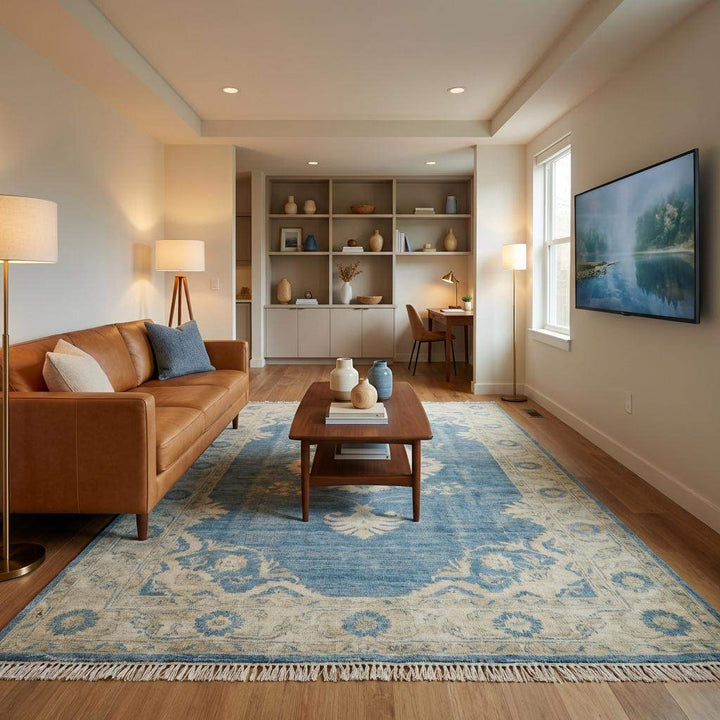 Translation missing: en.Handmade floral border Oushak rug in faded denim blue and cream tones for living room décor