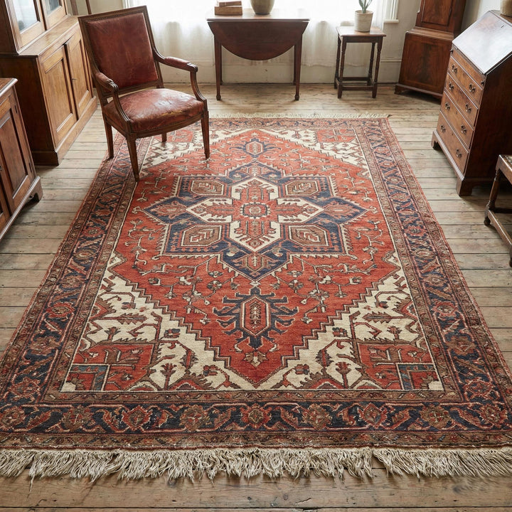 Translation missing: es.Hand knotted Persian medallion wool area rug with intricate design and warm rust navy tones