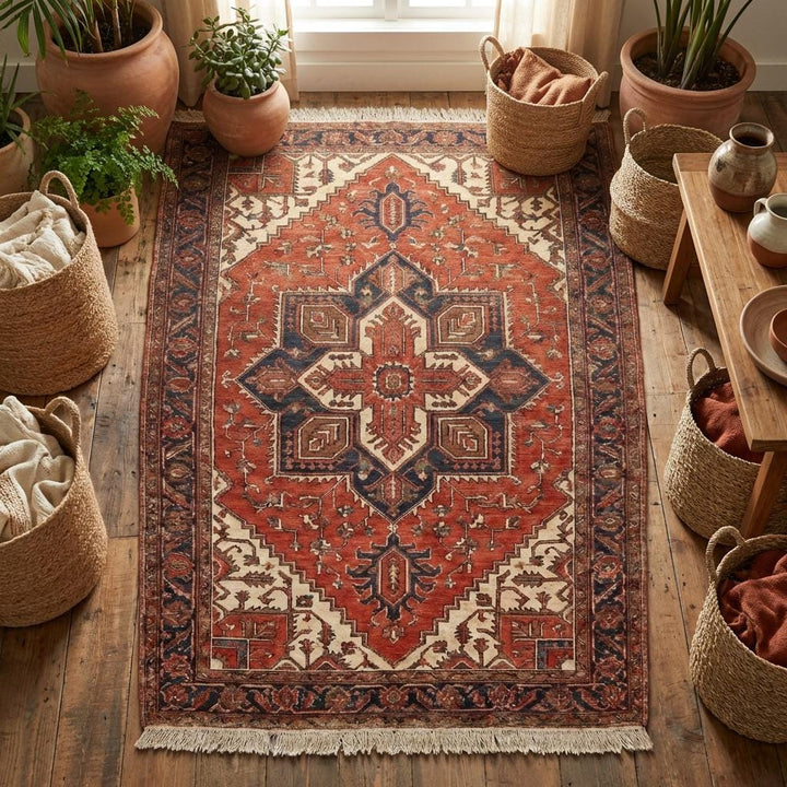 Translation missing: es.Rust red and navy hand knotted wool rug styled in living room