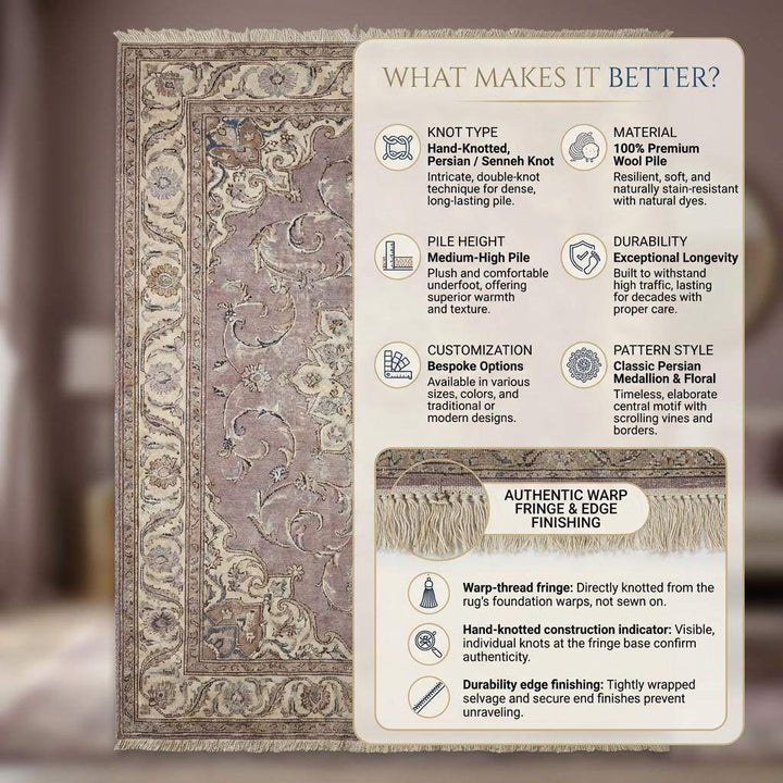 Translation missing: en.Hand Knotted Persian Medallion Wool Area Rug in Soft Lavender Tones