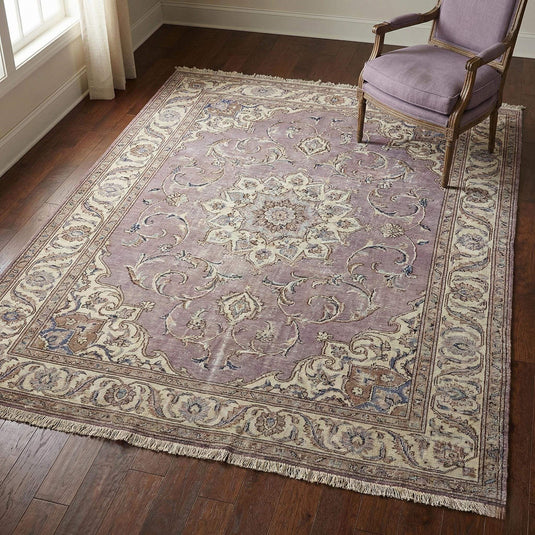 Translation missing: en.Hand knotted Persian medallion wool area rug in soft lavender with intricate floral design and durable craftsmanship