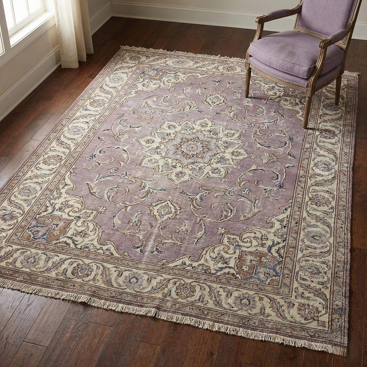 Translation missing: en.Hand knotted Persian medallion wool area rug in soft lavender with intricate floral design and durable craftsmanship