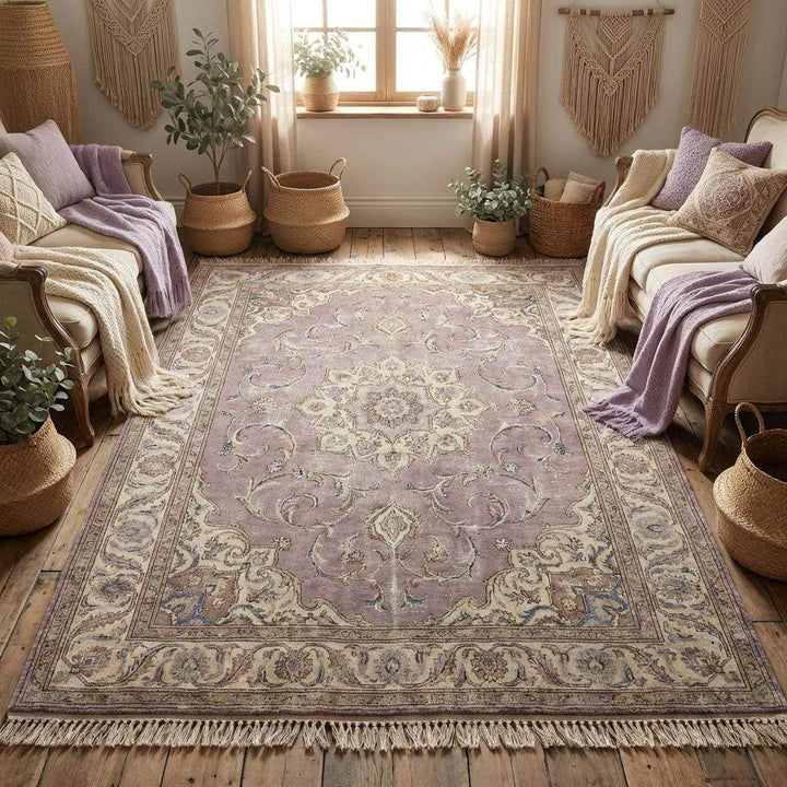 Translation missing: en.Lavender hand knotted wool rug highlighting intricate floral patterns and classic symmetry