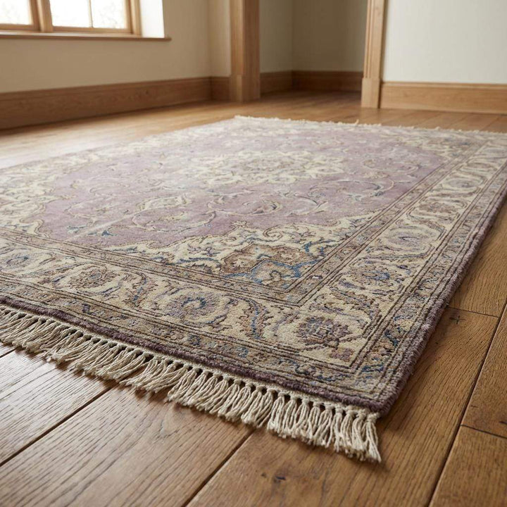 Translation missing: en.Artisan made Persian wool area rug with muted purple background and ivory detailing