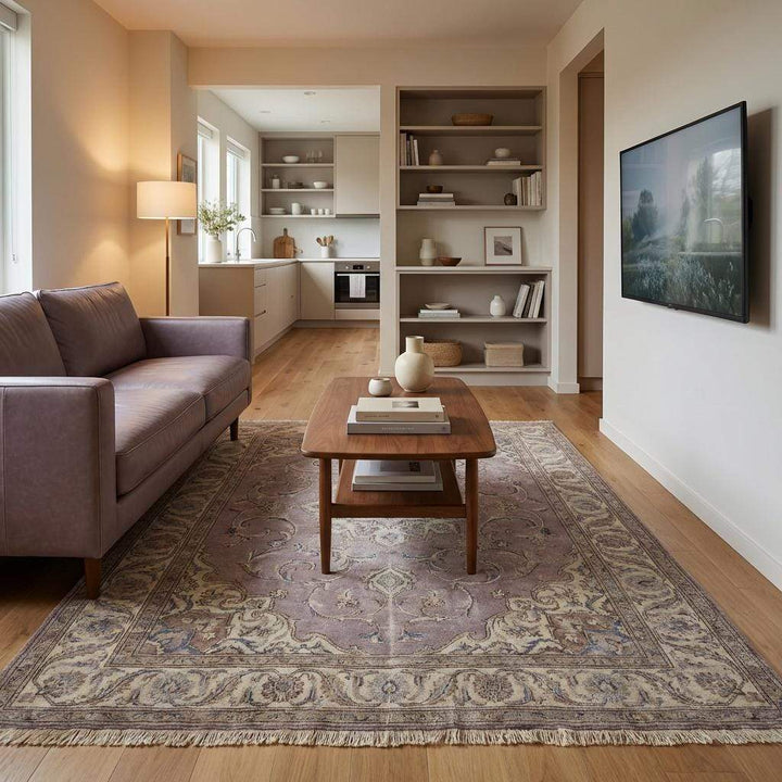 Translation missing: en.Hand Knotted Persian Medallion Wool Area Rug in Soft Lavender Tones