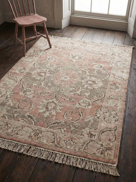 Translation missing: en.Hand knotted wool rug in muted pink and beige with vintage floral design for bedroom or living room decor