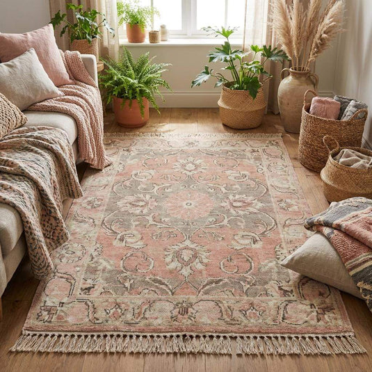 Translation missing: en.Angled perspective of blush pink area rug showing the low-sheen antique finish and decorative border design