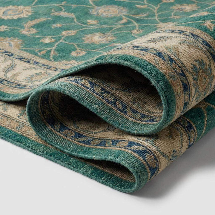Translation missing: en.Hand Knotted Rug Green Teal, Wool Area Rug Oushak Style, Floral Persian Carpet for Living Room, Transitional Home Decor, Muted Emerald