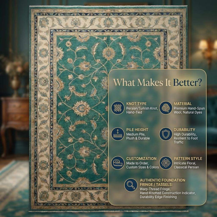Translation missing: en.Hand Knotted Rug Green Teal, Wool Area Rug Oushak Style, Floral Persian Carpet for Living Room, Transitional Home Decor, Muted Emerald