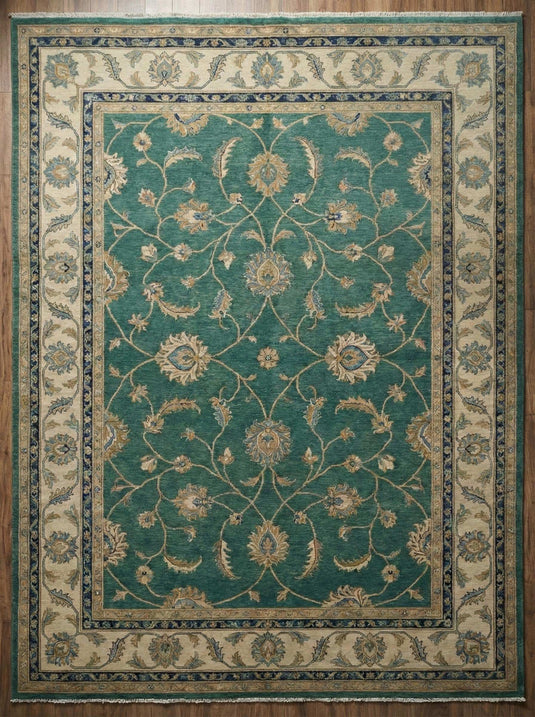 Translation missing: es.Hand knotted teal green wool rug with floral Persian design for living room decor