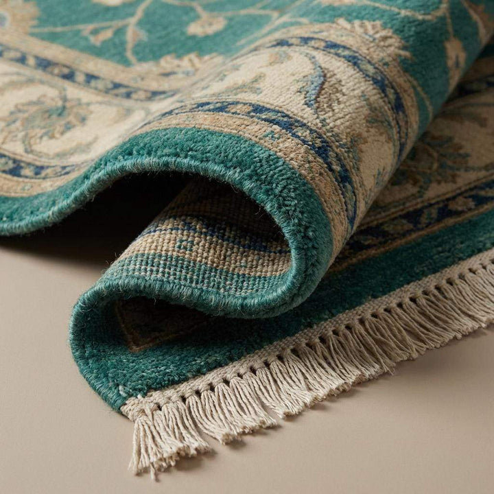 Translation missing: en.Hand Knotted Rug Green Teal, Wool Area Rug Oushak Style, Floral Persian Carpet for Living Room, Transitional Home Decor, Muted Emerald