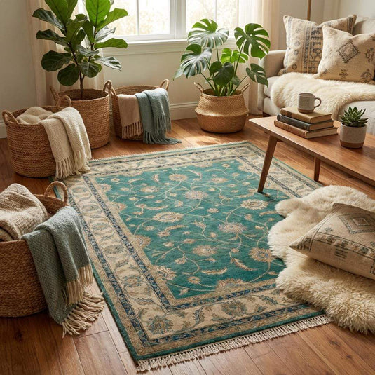 Translation missing: es.floral vine pattern and palmette motifs in beige and tan on a green background