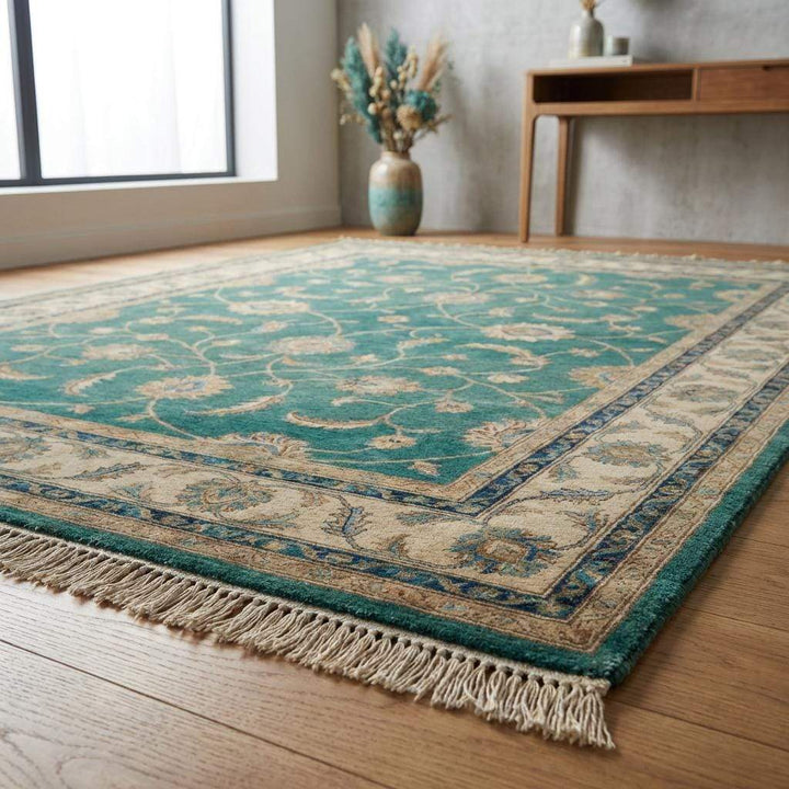 Translation missing: en.Detail of authentic hand-bound edges and fringe on a handmade oriental wool rug