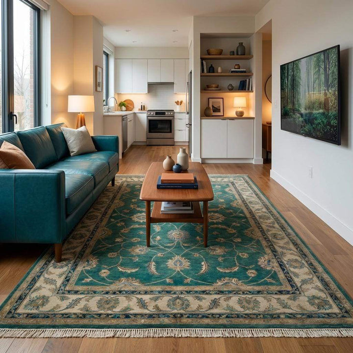 Translation missing: en.Hand Knotted Rug Green Teal, Wool Area Rug Oushak Style, Floral Persian Carpet for Living Room, Transitional Home Decor, Muted Emerald