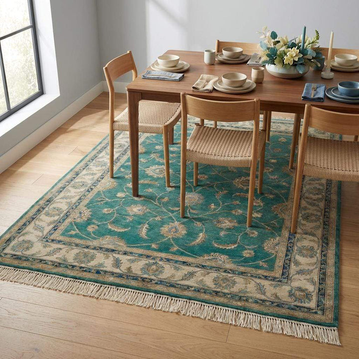 Translation missing: en.Hand Knotted Rug Green Teal, Wool Area Rug Oushak Style, Floral Persian Carpet for Living Room, Transitional Home Decor, Muted Emerald