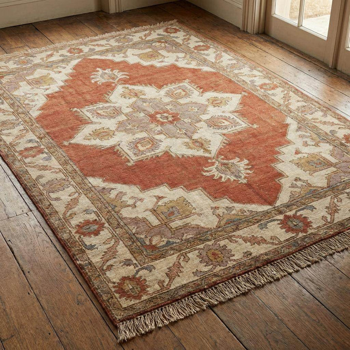 Translation missing: en.Hand Knotted Rug Rust Wool Area Rug, Oushak Style Living Room Carpet, Terracotta Geometric Bedroom Decor
