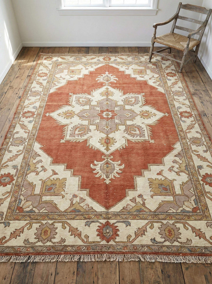Translation missing: en.Hand knotted rust wool area rug with terracotta geometric Serapi design