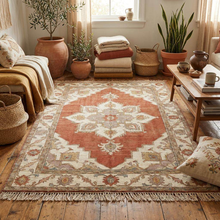 Translation missing: en.Top down flat lay of traditional Serapi style rug showing intricate geometric borders and corner spandrels in muted beige and gold