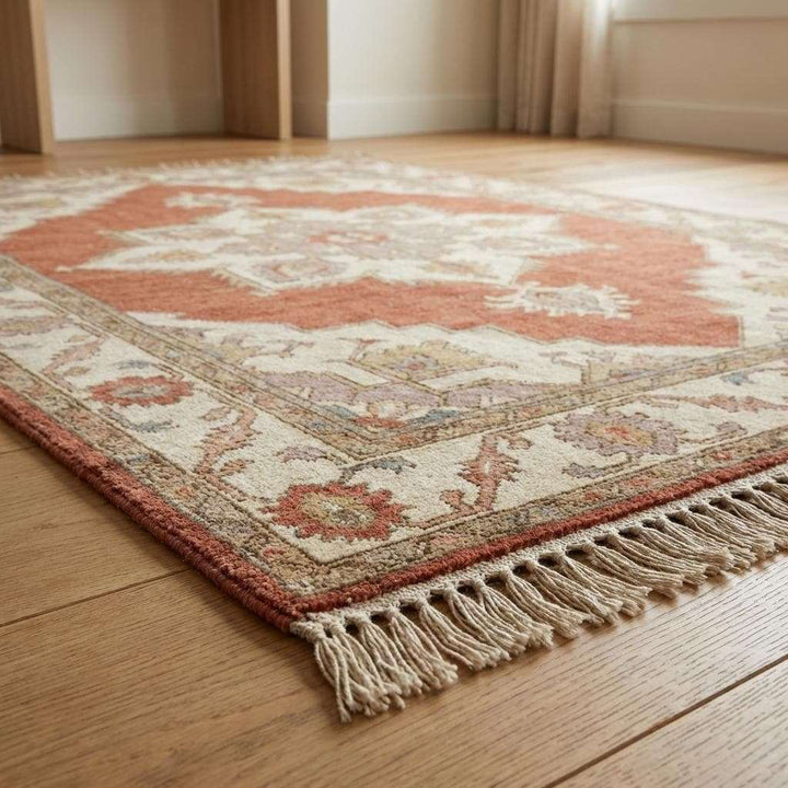 Translation missing: en.Hand Knotted Rug Rust Wool Area Rug, Oushak Style Living Room Carpet, Terracotta Geometric Bedroom Decor