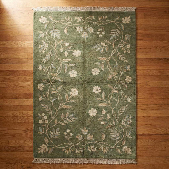 Translation missing: es.Hand Knotted Sage Green Wool Oushak Floral Area Rug for Bedroom