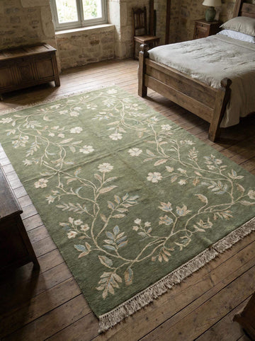 Translation missing: es.Hand knotted sage green wool Oushak floral area rug with traditional craftsmanship for bedroom decor