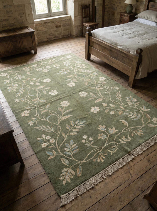 Translation missing: es.Hand knotted sage green wool Oushak floral area rug with traditional craftsmanship for bedroom decor