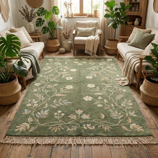 Translation missing: es.Traditional Oushak style green wool rug styled with wooden furniture and neutral decor
