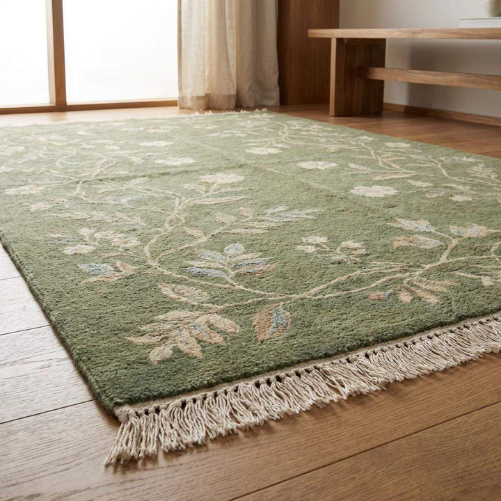 Translation missing: es.Artisan hand knotted wool rug with all-over floral design and soft sage background