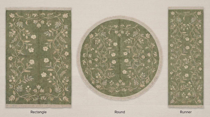 Translation missing: es.Hand Knotted Sage Green Wool Oushak Floral Area Rug for Bedroom