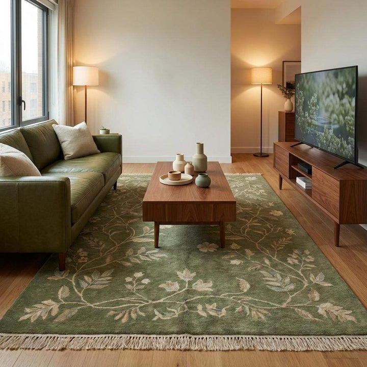Translation missing: es.Bedroom styled with sage green hand knotted floral wool area rug on wood floor