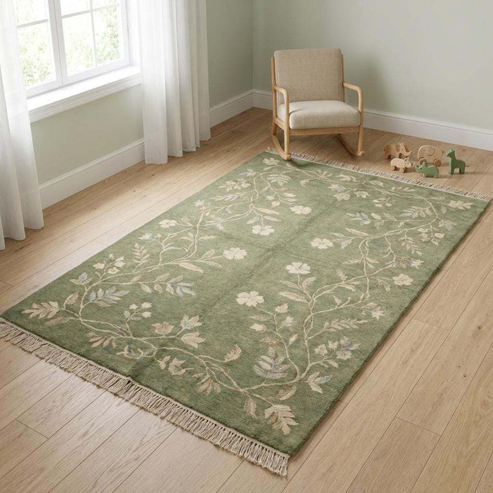 Translation missing: es.Hand Knotted Sage Green Wool Oushak Floral Area Rug for Bedroom
