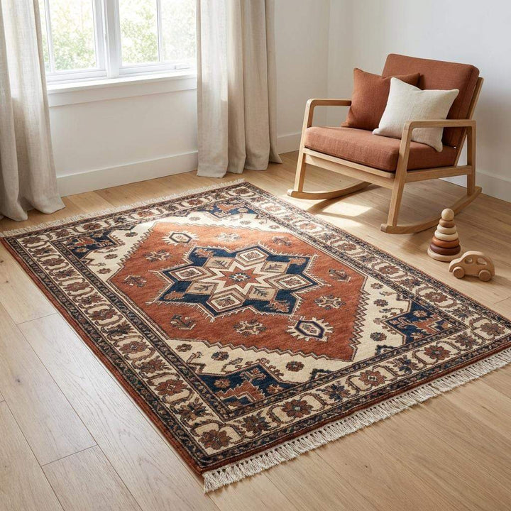 Translation missing: en.Rectangular hand knotted wool rug showcasing durable low pile and traditional design