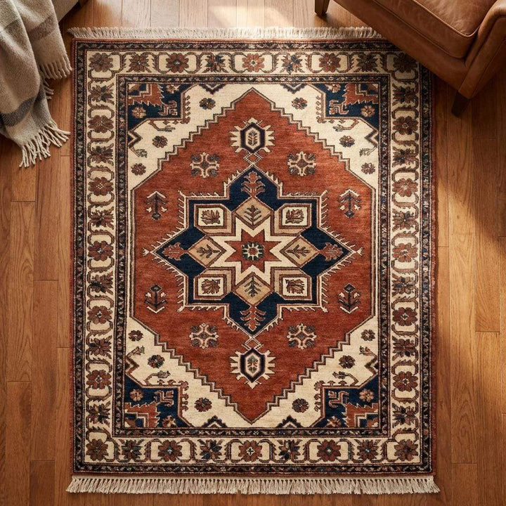 Translation missing: en.Hand Knotted Tribal Wool Area Rug with Geometric Medallion Design