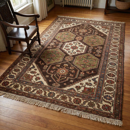 Translation missing: es.Hand knotted tribal wool area rug with geometric medallion design and natural texture