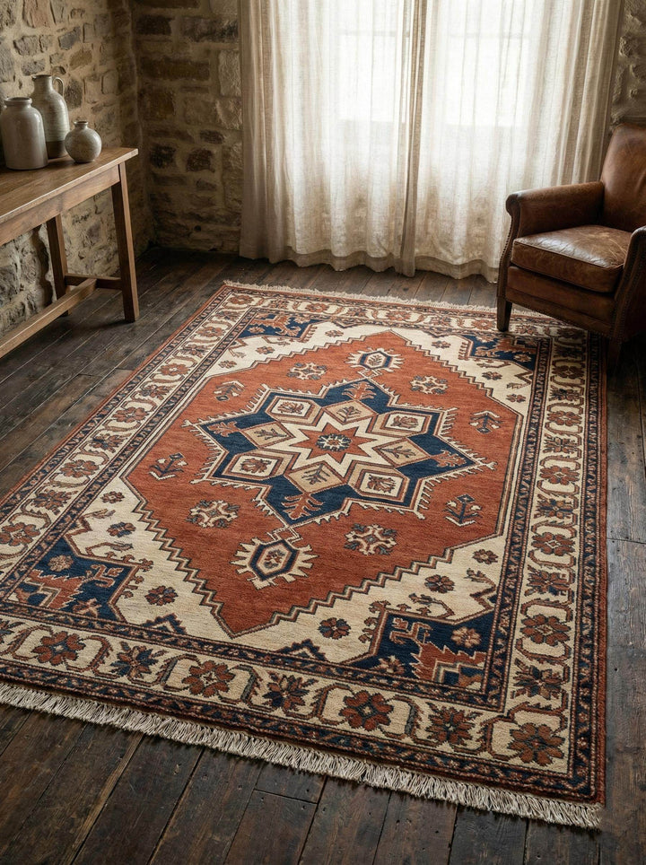 Translation missing: en.Hand knotted tribal wool area rug with geometric medallion design in earthy tones