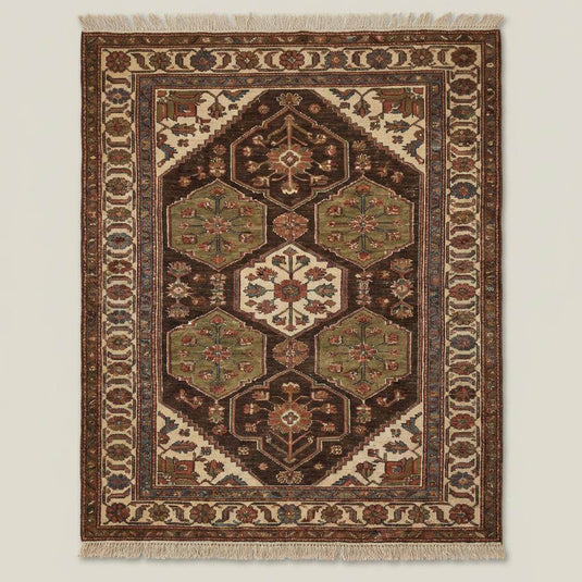 Translation missing: es.Traditional hand knotted wool rug styled in living room with hardwood floors and classic furniture