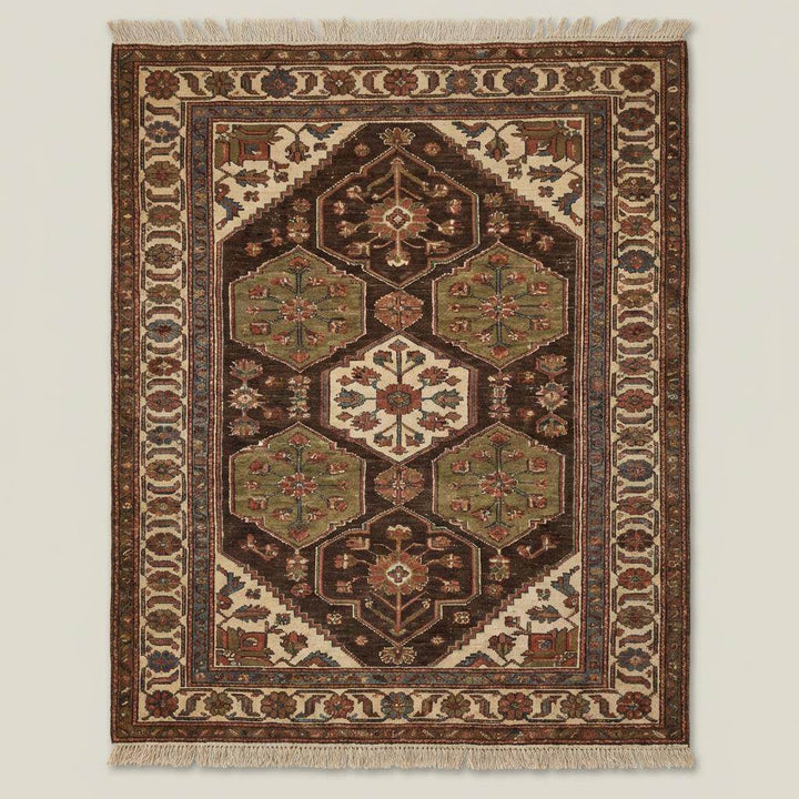 Translation missing: es.Traditional hand knotted wool rug styled in living room with hardwood floors and classic furniture