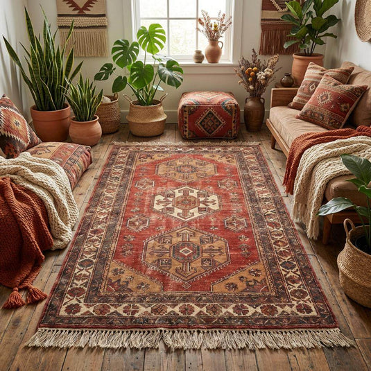 Translation missing: es.Red and beige hand knotted area rug styled in living room with wooden floor and vintage furniture