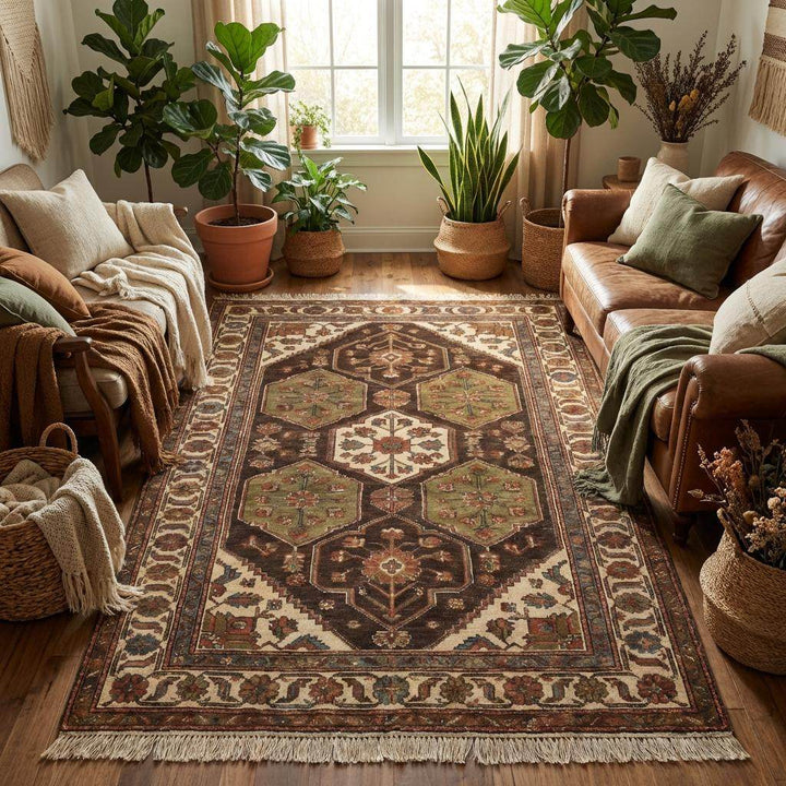 Translation missing: es.Geometric medallion design hand knotted rug with tribal motifs and detailed wool craftsmanship