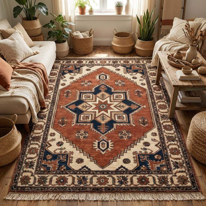 Translation missing: en.Wool hand knotted area rug featuring central medallion and tribal border patterns